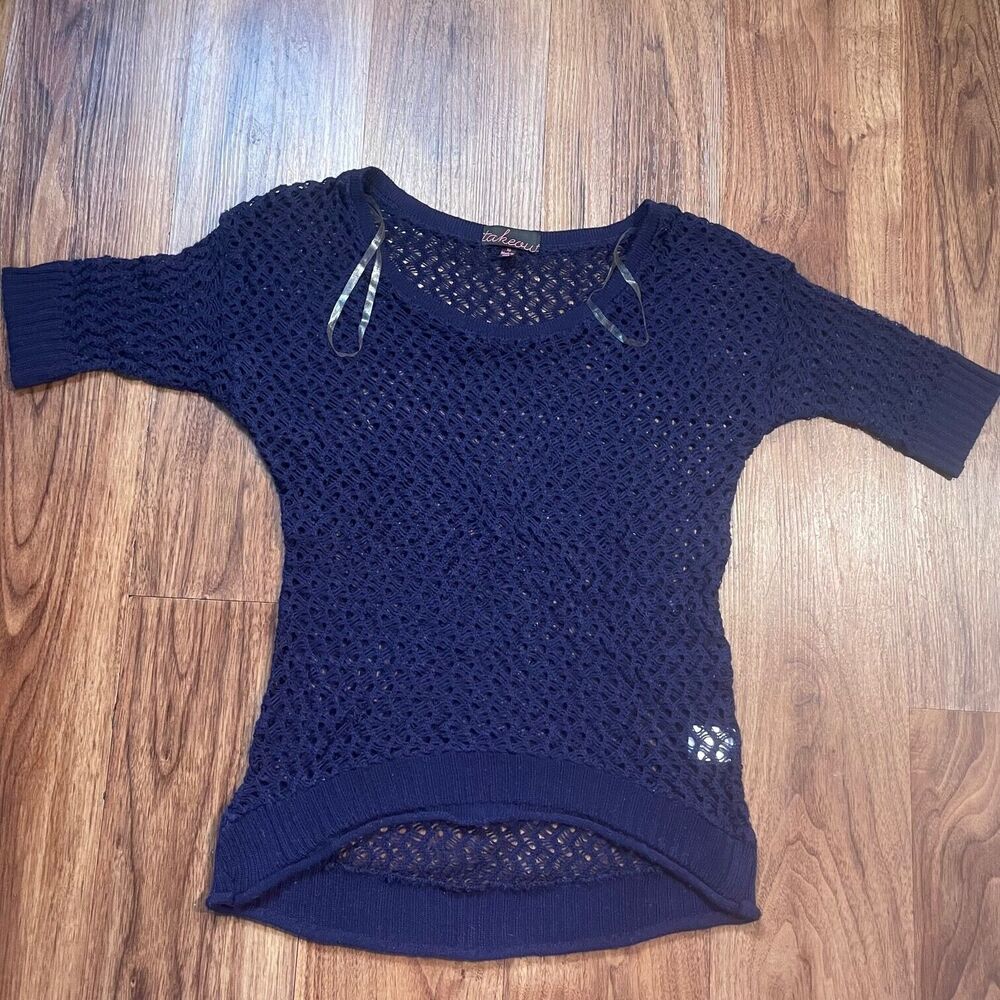 Takeout Knit Blouse Blue Round Neck Breathable Pullover Shirt Acrylic Women's XS